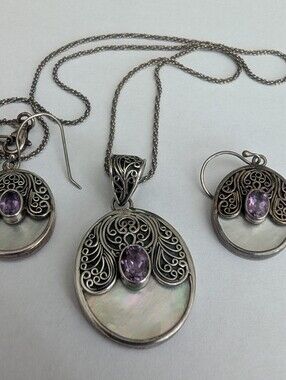 Sterling Silver Abalone Amethyst Necklace Pendant With Earring Set Thailand EUC